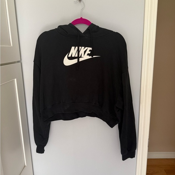 Nike Women's Black Cropped Hoodie with White Logo - Picture 1 of 3